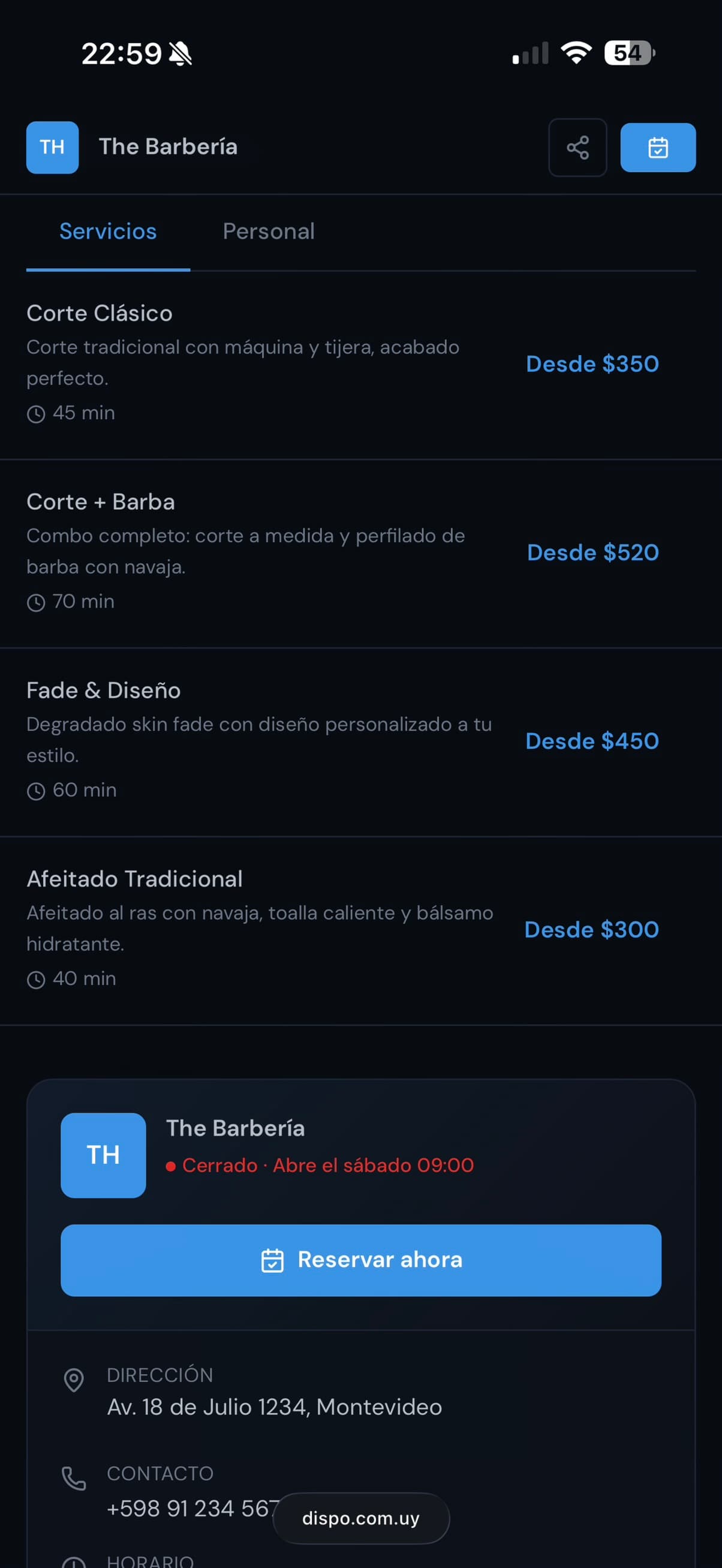 Sitio público del negocio en Dispo